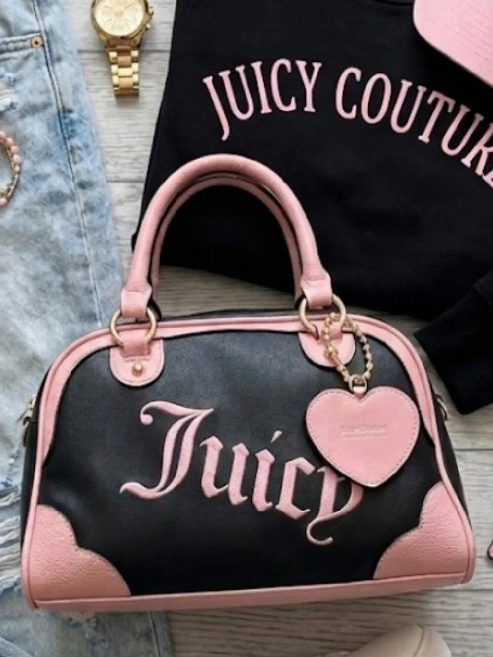Juicy Couture Urban Heritage Bowler Liquorice & Pink Logo Satchel